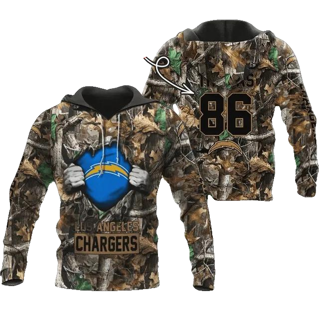 Personalized Los Angeles Chargers Hunting Camo Custom Name and Number NFL 3D All Over Print Hoodie -Moonbestprint