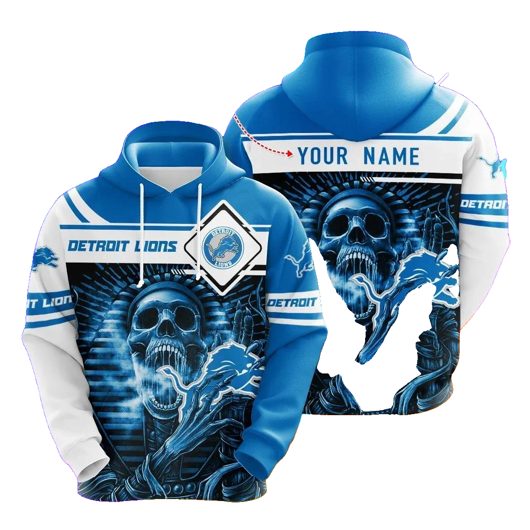 Personalized Custom Name Detroit Lions Skull NFL 3D All Over Print Hoodie -Moonbestprint