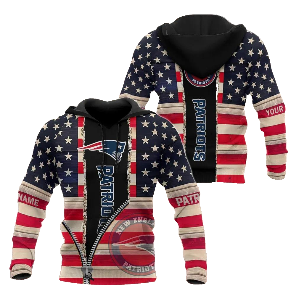NFL New England Patriots American Flag Zip Personalized NFL 3D All Over Print Hoodie -Moonbestprint