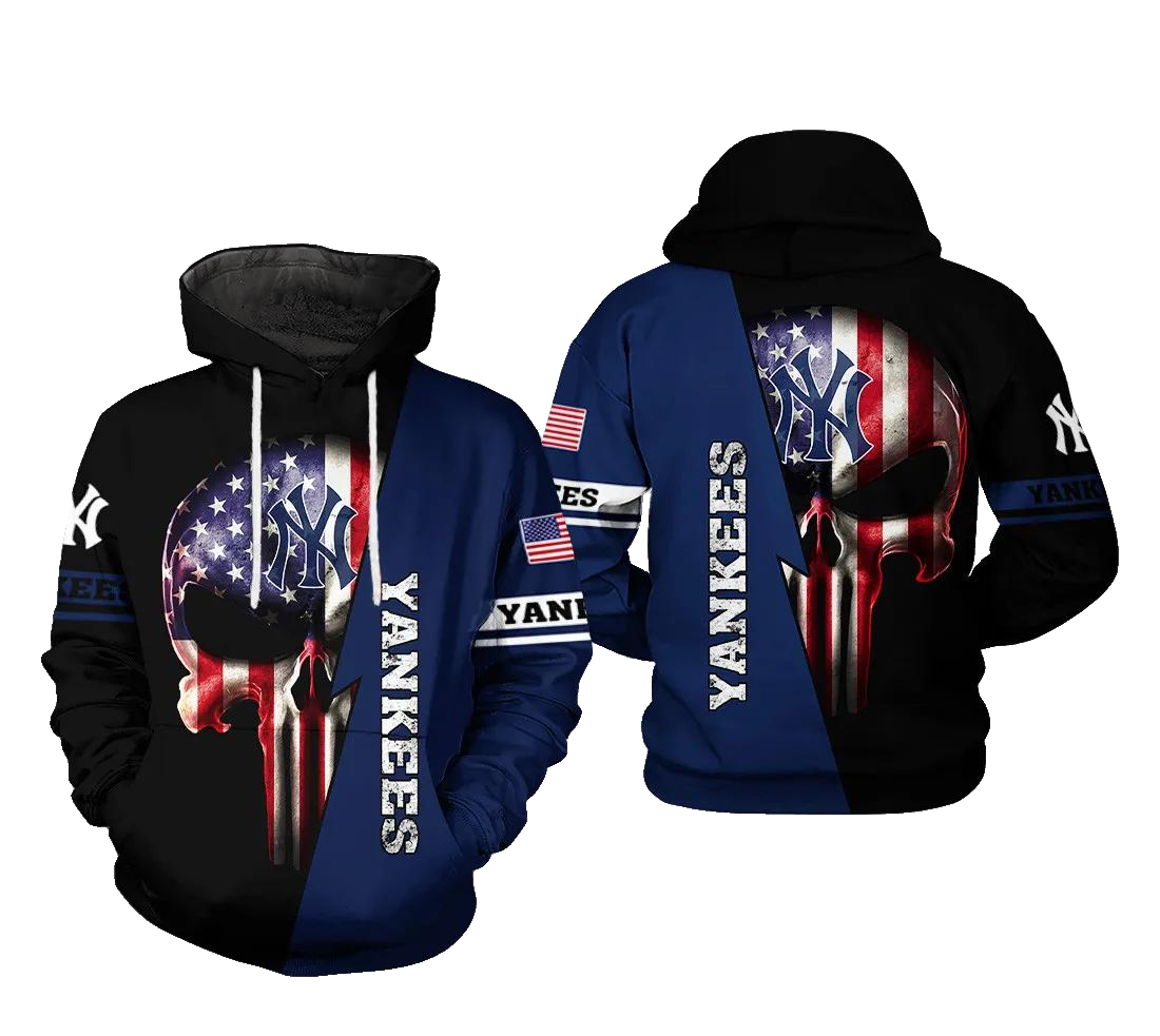 New York Yankees MLB US Flag Skull MLB All Over Print Hoodie -Moonbestprint