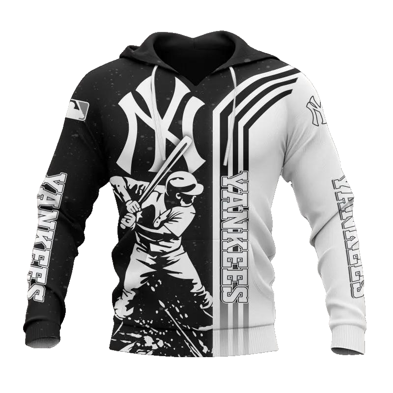 New York Yankees Black And White MLB All Over Print Hoodie -Moonbestprint