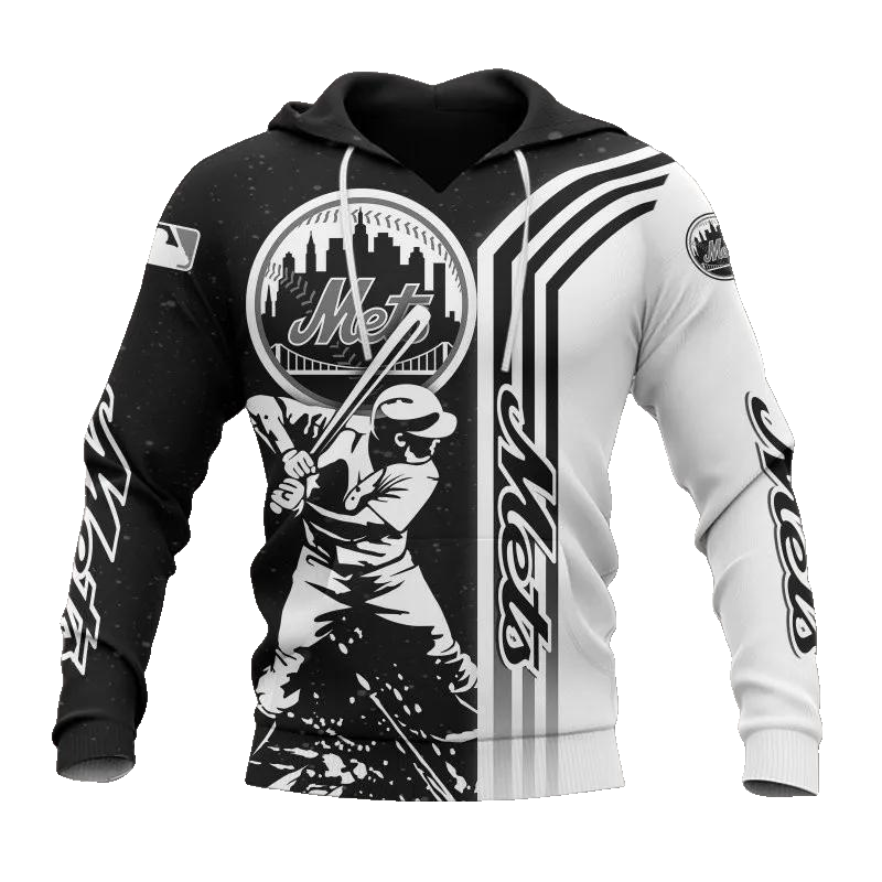 New York Mets Black And White MLB All Over Print Hoodie -Moonbestprint
