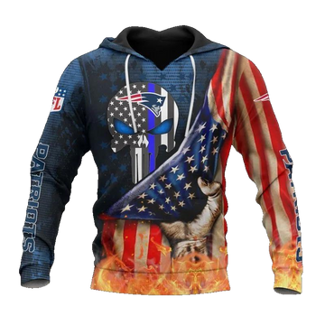 New England Patriots Skull American Flag NFL 3D All Over Print Hoodie -Moonbestprint