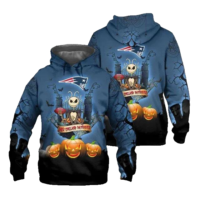 New England Patriots Halloween Skellington NFL 3D All Over Print Hoodie -Moonbestprint