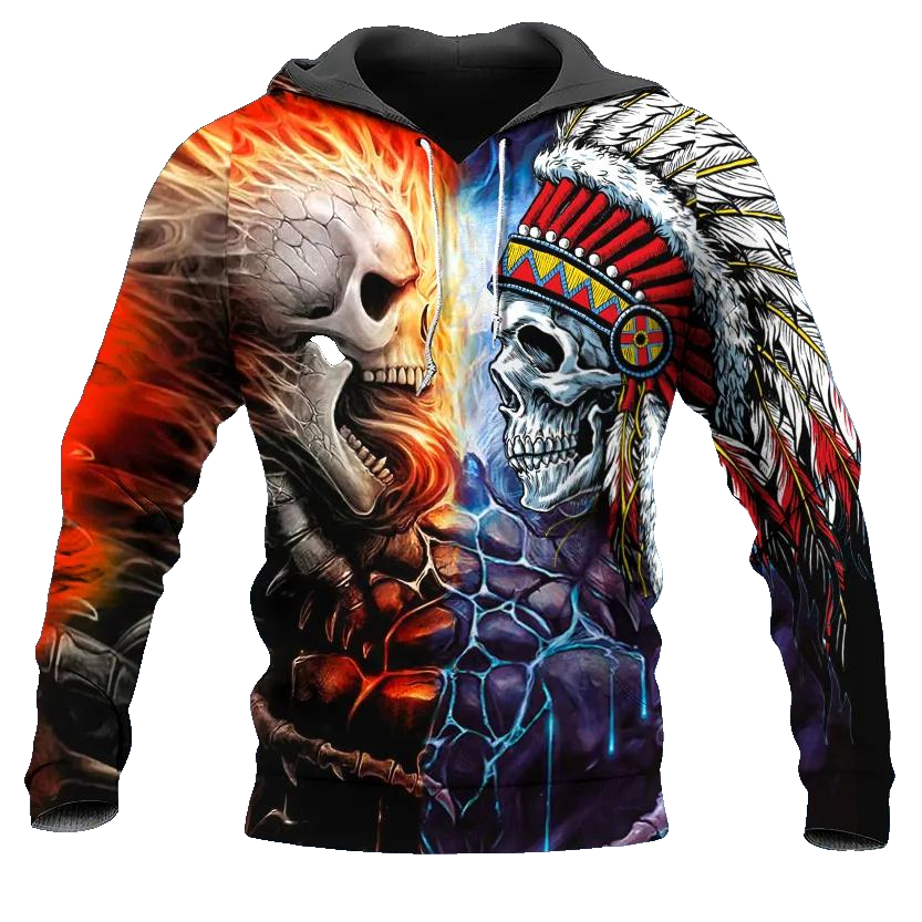 Native American Warrior vs Lava Fire Skull 3D All Over Print Hoodie -Moonbestprint