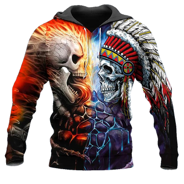 Native American Warrior vs Lava Fire Skull 3D All Over Print Hoodie -Moonbestprint