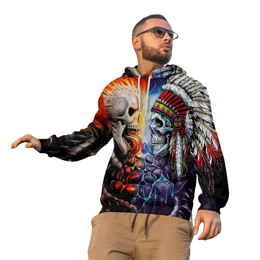 Native American Warrior vs Lava Fire Skull 3D All Over Print Hoodie -Moonbestprint