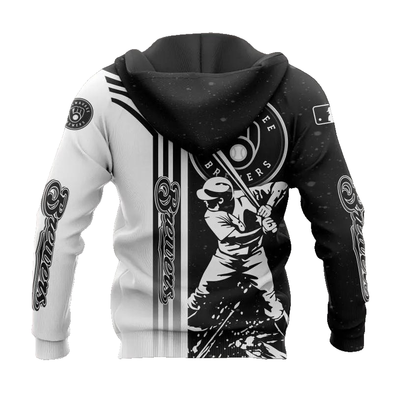 Milwaukee Brewers Black And White MLB All Over Print Hoodie -Moonbestprint