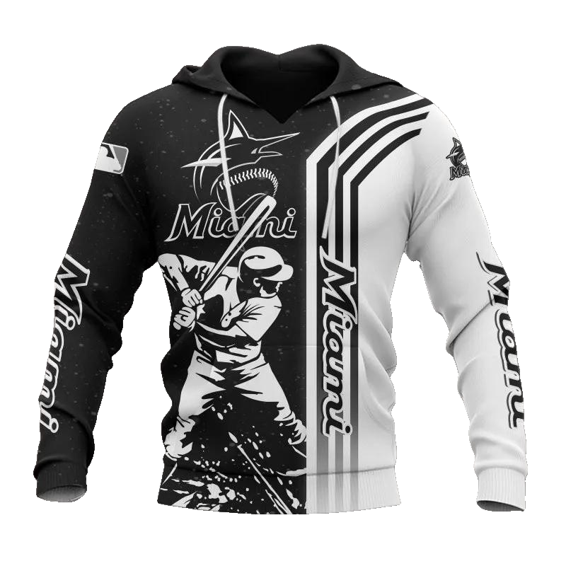 Miami Marlins Black And White MLB All Over Print Hoodie -Moonbestprint