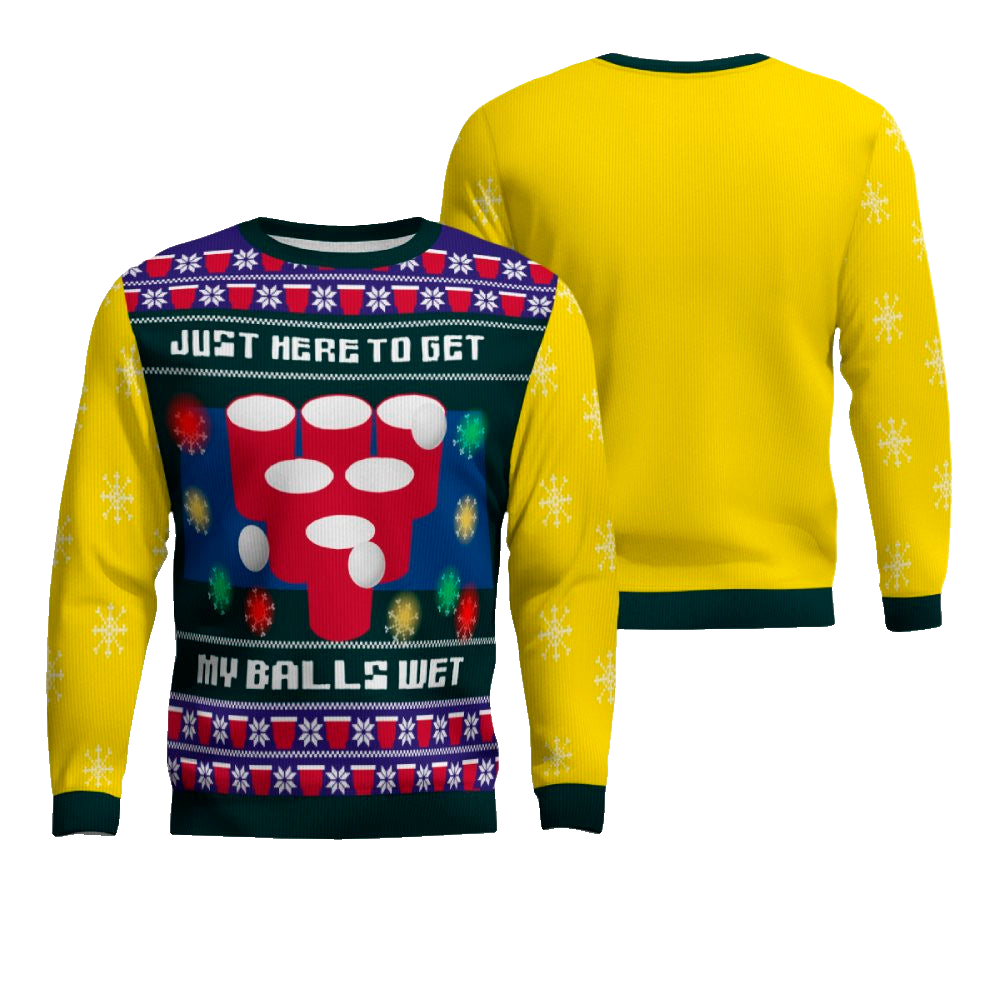 Just Here to Get My Balls Wet Beer Pong Ugly Christmas Sweater Golden Yellow – Moonbestprint