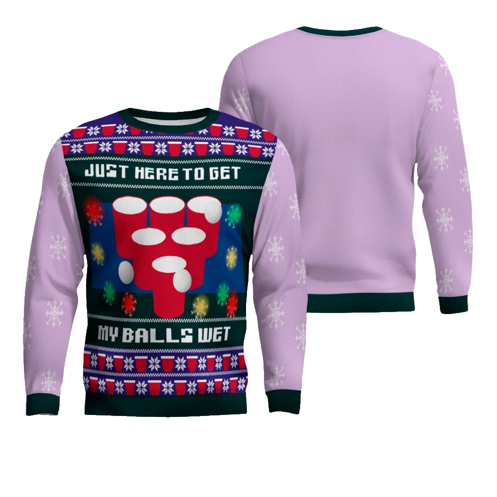 Just Here to Get My Balls Wet Beer Pong Ugly Christmas Sweater Dreamy Lavender – Moonbestprint