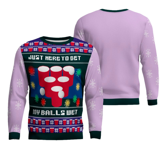 Just Here to Get My Balls Wet Beer Pong Ugly Christmas Sweater Dreamy Lavender – Moonbestprint