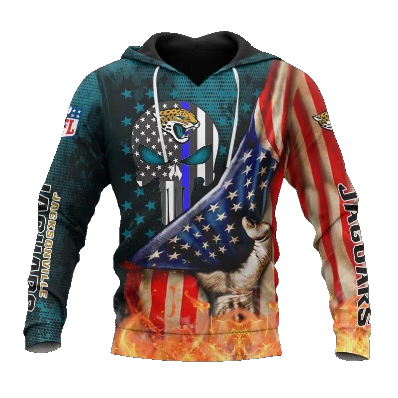 Jacksonville Jaguars Skull American Flag NFL 3D All Over Print Hoodie -Moonbestprint
