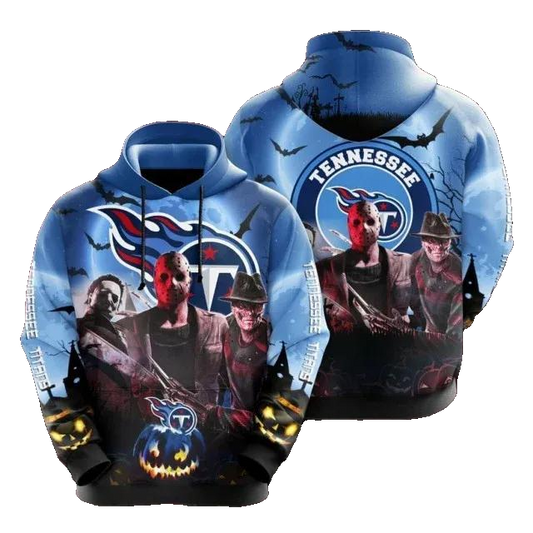 Horror Movie Characters Halloween With Logo Tennessee Titans NFL 3D All Over Print Hoodie -Moonbestprint