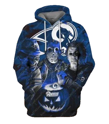 Horror Los Angeles Rams Jason Voorhees Freddy Krueger Michael Myers Halloween NFL 3D All Over Print Hoodie -Moonbestprint