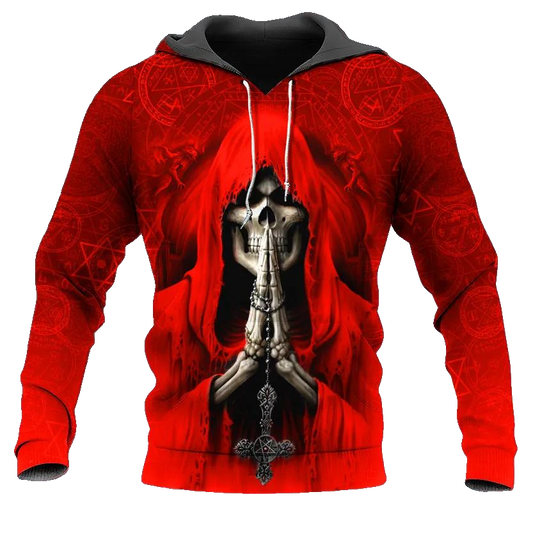 Grim Reaper Red Pray Skull 3D All Over Print Hoodie -Moonbestprint