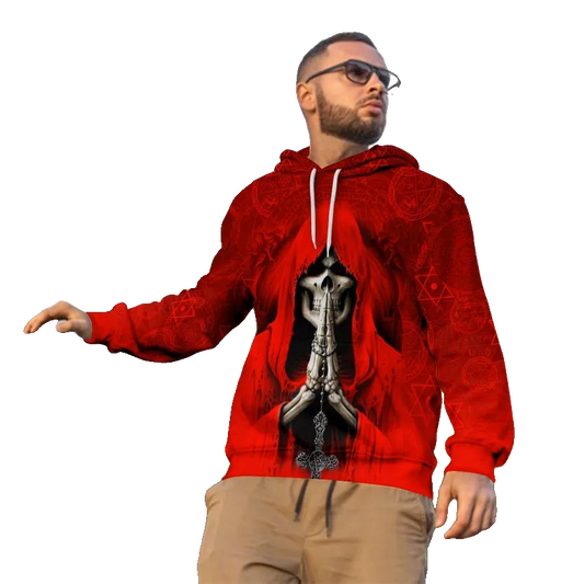 Grim Reaper Red Pray Skull 3D All Over Print Hoodie -Moonbestprint