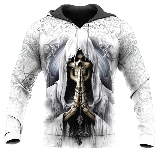 Grim Reaper Pray Skull White 3D All Over Print Hoodie -Moonbestprint