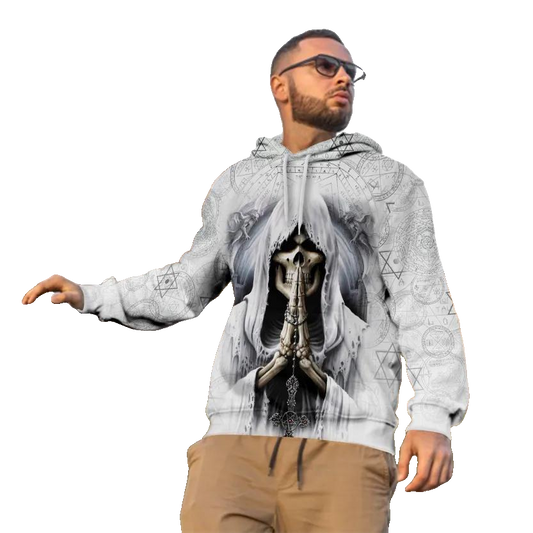 Grim Reaper Pray Skull White 3D All Over Print Hoodie -Moonbestprint