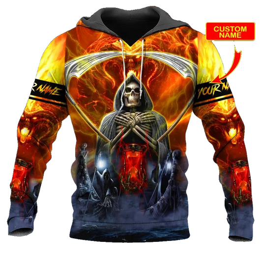 Grim Reaper On Fire Skull Custom 3D All Over Print Hoodie -Moonbestprint