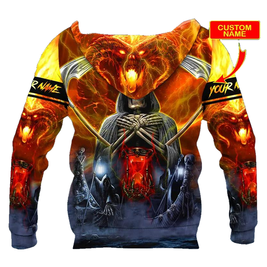 Grim Reaper On Fire Skull Custom 3D All Over Print Hoodie -Moonbestprint