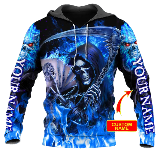 Grim Reaper Blue Fire Skull Custom 3D All Over Print Hoodie -Moonbestprint