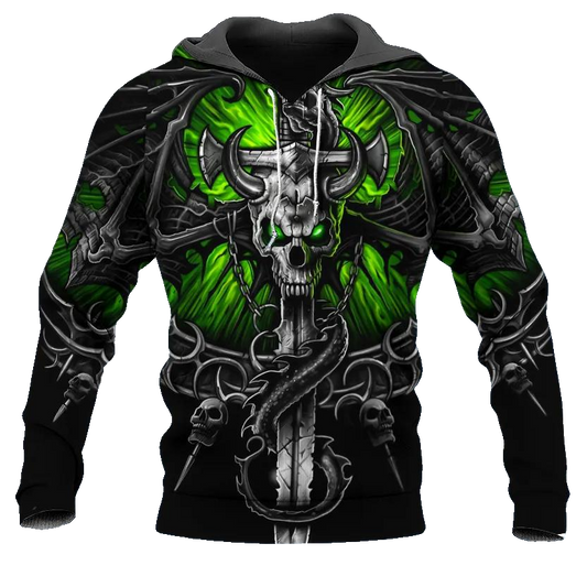 Green Eyes Ox Horn Skull 3D All Over Print Hoodie -Moonbestprint