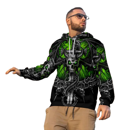 Green Eyes Ox Horn Skull 3D All Over Print Hoodie -Moonbestprint