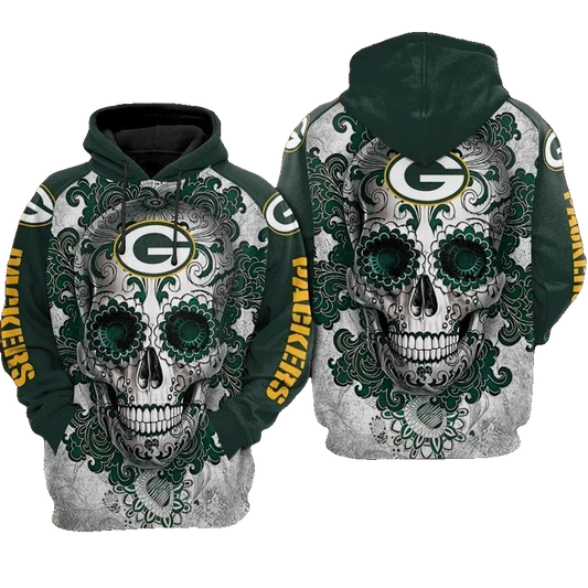 Green Bay Packers Skull Flower NFL 3D All Over Print Hoodie -Moonbestprint