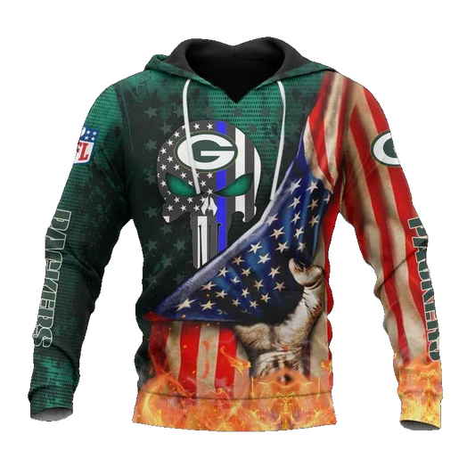 Green Bay Packers Skull American Flag NFL 3D All Over Print Hoodie -Moonbestprint