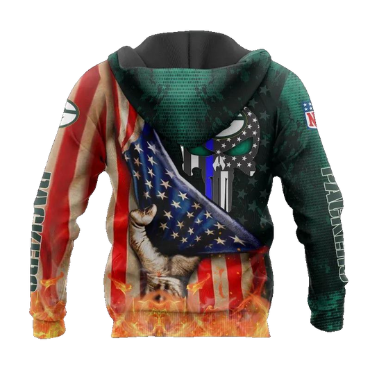 Green Bay Packers Skull American Flag NFL 3D All Over Print Hoodie -Moonbestprint