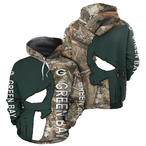 Green Bay Packers Punisher Skull Tree Camo NFL 3D All Over Print Hoodie -Moonbestprint