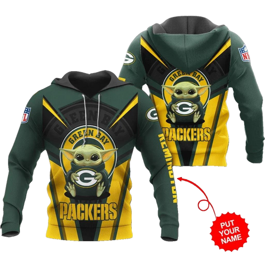 Green Bay Packers Personalized Baby YodaNFL 3D All Over Print Hoodie -Moonbestprint