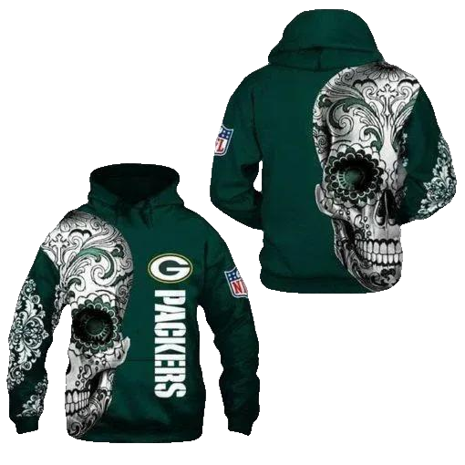 Green Bay Packers Nlf Fan Sugar Skull NFL 3D All Over Print Hoodie -Moonbestprint