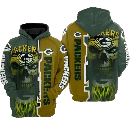 Green Bay Packers Neon Green Packer Tribal Skull NFL 3D All Over Print Hoodie -Moonbestprint