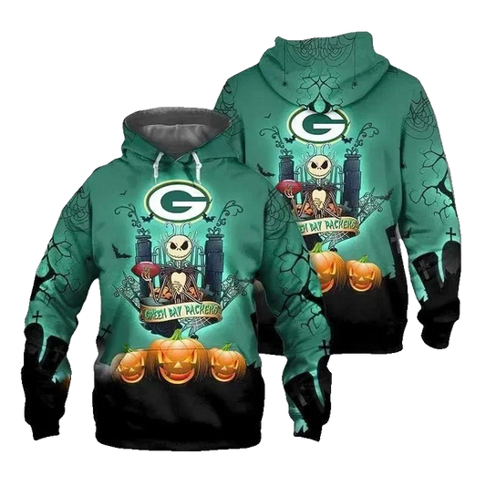 Green Bay Packers Jack Skellington Halloween NFL 3D All Over Print Hoodie -Moonbestprint
