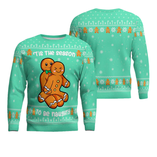 Gingerbread Tis The Season To Be Naughty Christmas Sweater Seafoam Green – Moonbestprint