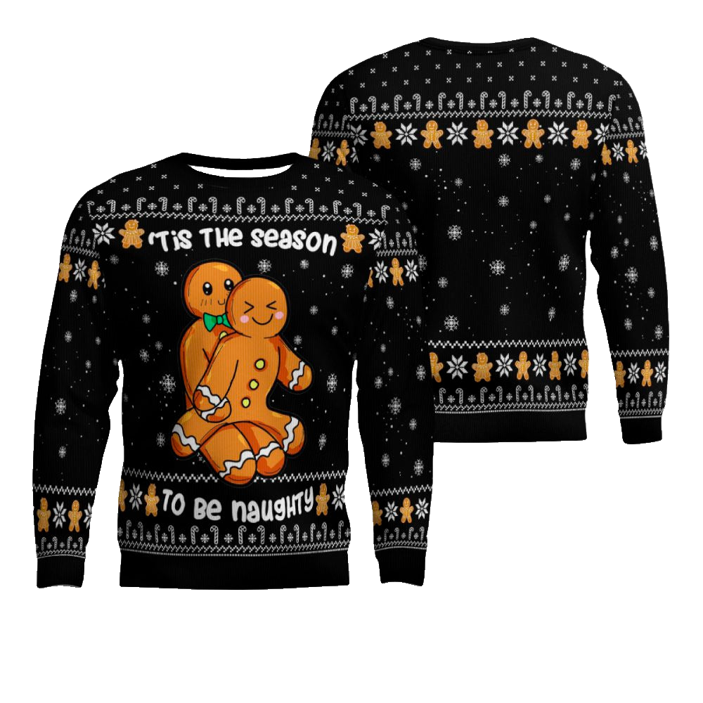 Gingerbread Tis The Season To Be Naughty Christmas Sweater Black – Moonbestprint