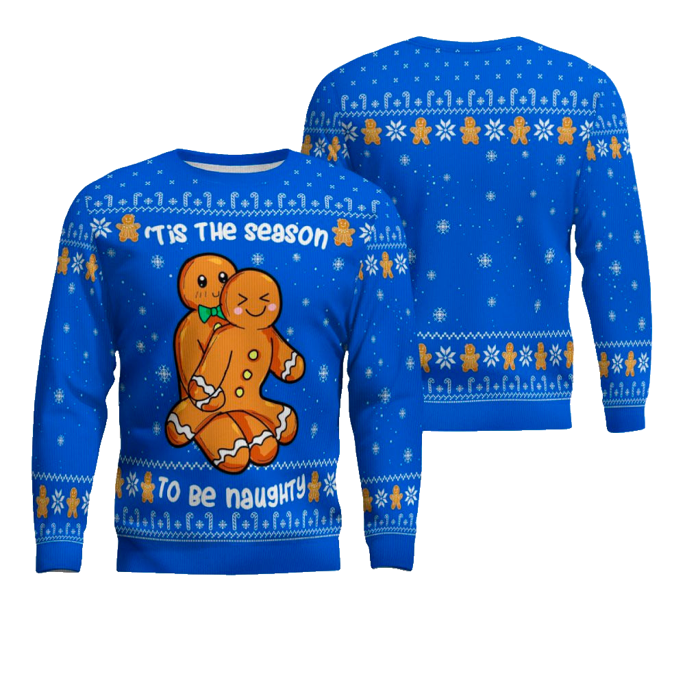 Gingerbread Tis The Season To Be Naughty Christmas Sweater Blue – Moonbestprint