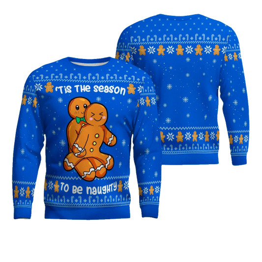 Gingerbread Tis The Season To Be Naughty Christmas Sweater Blue – Moonbestprint