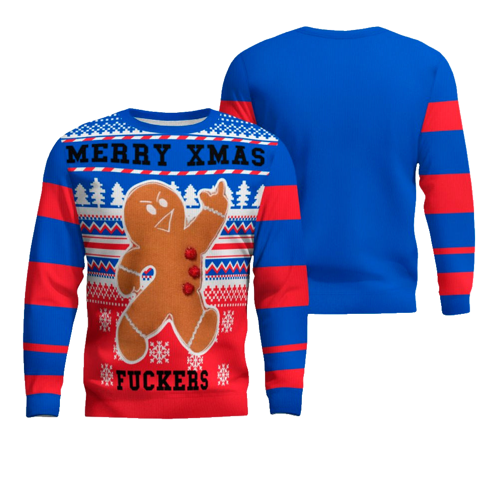 Gingerbread Merry Xmas Fuckers Ugly Christmas Sweater Blue – Moonbestprint