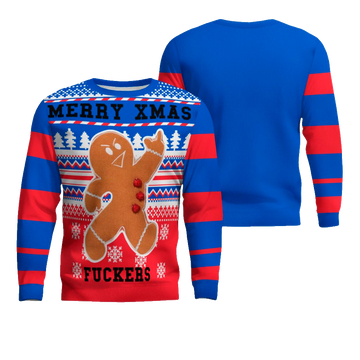 Gingerbread Merry Xmas Fuckers Ugly Christmas Sweater Blue – Moonbestprint