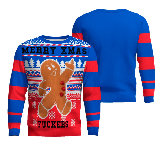 Gingerbread Merry Xmas Fuckers Ugly Christmas Sweater Blue – Moonbestprint