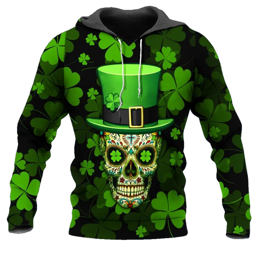 Funny 4 Leaf Clover Patrick's Day Sugar Skull 3D All Over Print Hoodie -Moonbestprint