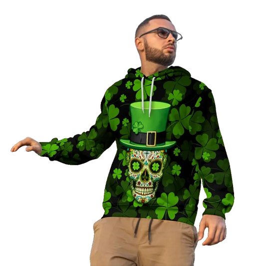Funny 4 Leaf Clover Patrick's Day Sugar Skull 3D All Over Print Hoodie -Moonbestprint