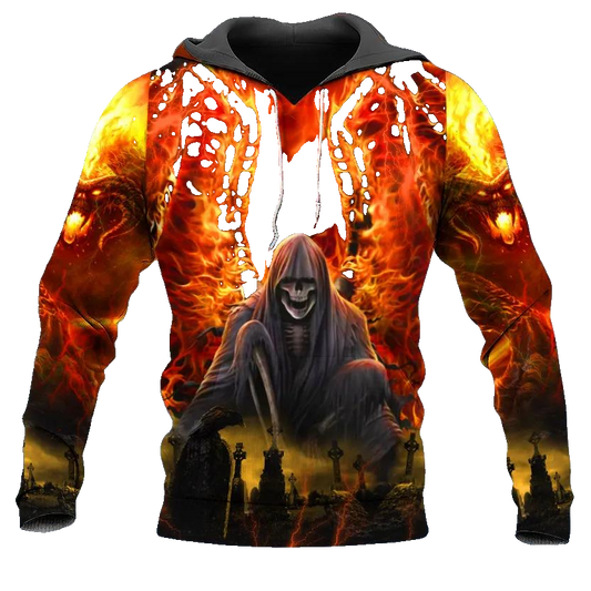 Flaming Death Skull 3D All Over Print Hoodie -Moonbestprint