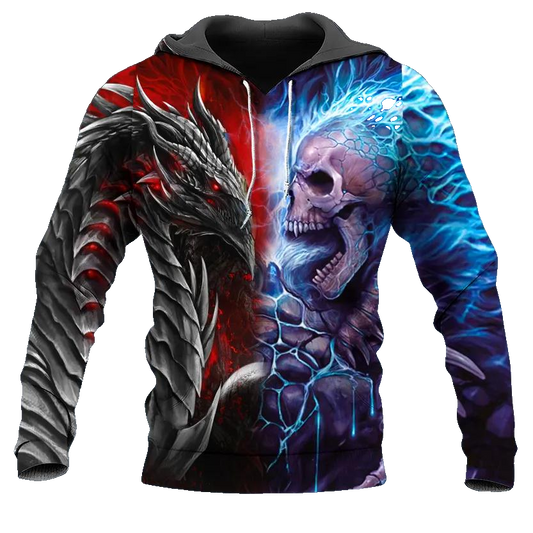 Fantasy Fire Dragon vs Blue Flame Skull 3D All Over Print Hoodie -Moonbestprint