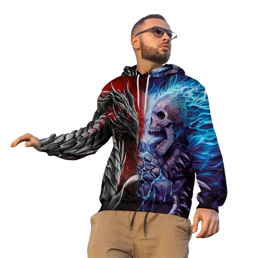 Fantasy Fire Dragon vs Blue Flame Skull 3D All Over Print Hoodie -Moonbestprint