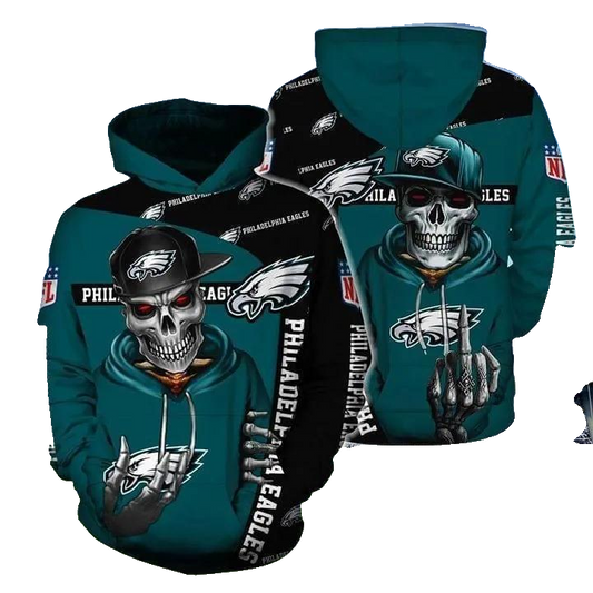 Eagles Philadelphia Hip Hop Skull NFL 3D All Over Print Hoodie -Moonbestprint