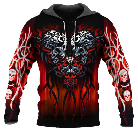 Double Heart Skull 3D All Over Print Hoodie -Moonbestprint